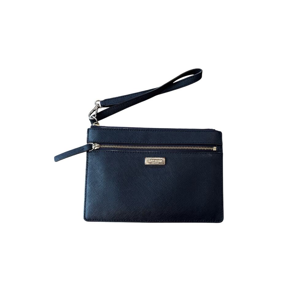 Kate Spade laurel way black wristlet with gold accents.